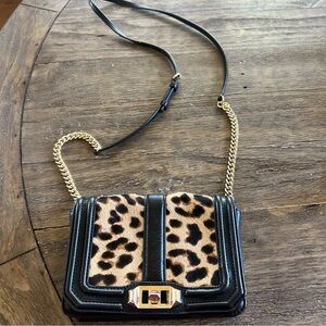 Rebecca Minkoff Black Leopard calf hair small cross body purse gold chain